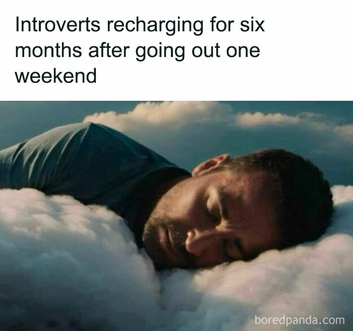 Introvert man sleeping on fluffy clouds, recharging after social exhaustion, with humorous text above.