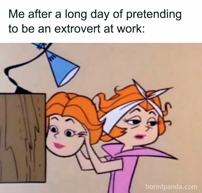 Cartoon woman removing mask, expressing introvert's exhaustion after pretending to be extroverted.