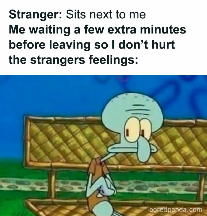 Introvert meme featuring a character uneasily sitting on a bench, highlighting struggles of feeling socially exhausted.