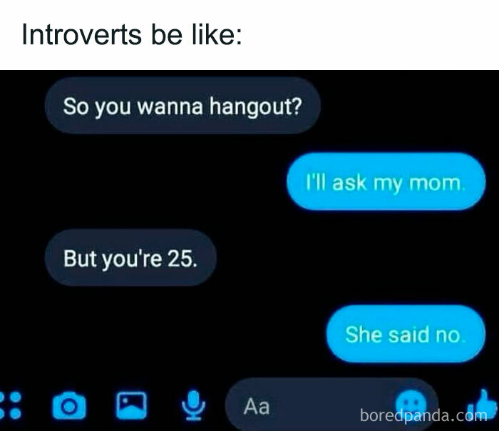 Introvert meme showing a text exchange about asking mom to hang out, reflecting socially exhausted feelings.