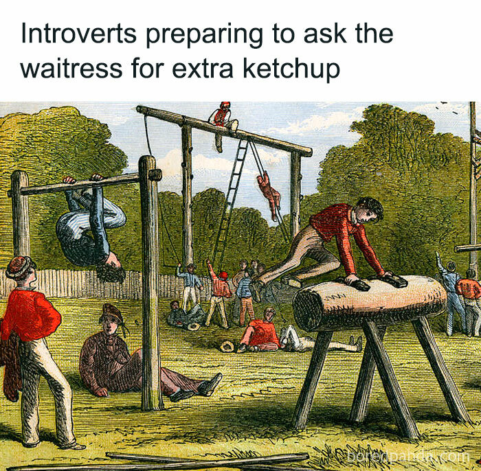 Introverts depicted in a playful vintage scene, humorously preparing to ask for extra ketchup.