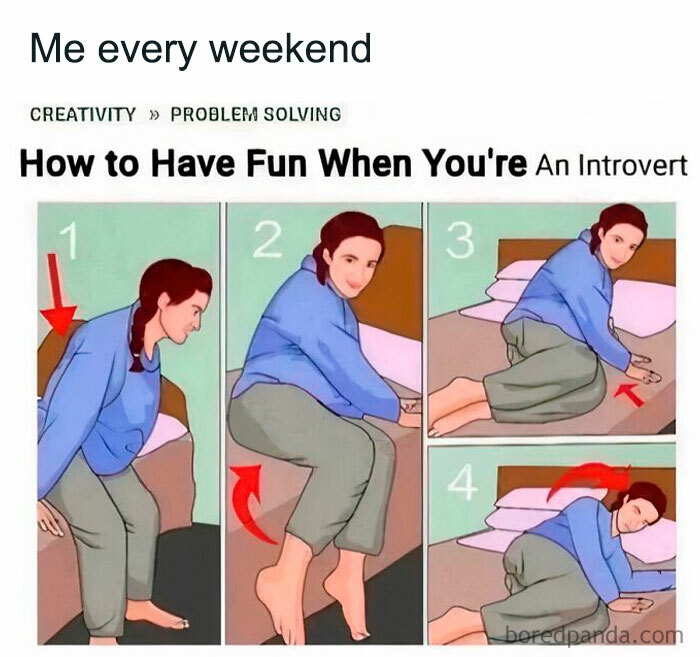 Introvert meme showing person getting into bed, illustrating the socially exhausted struggles of introverts.