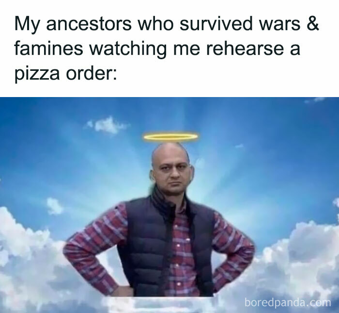 Man with a halo stands confidently among clouds, highlighting introverts' humor about social situations.