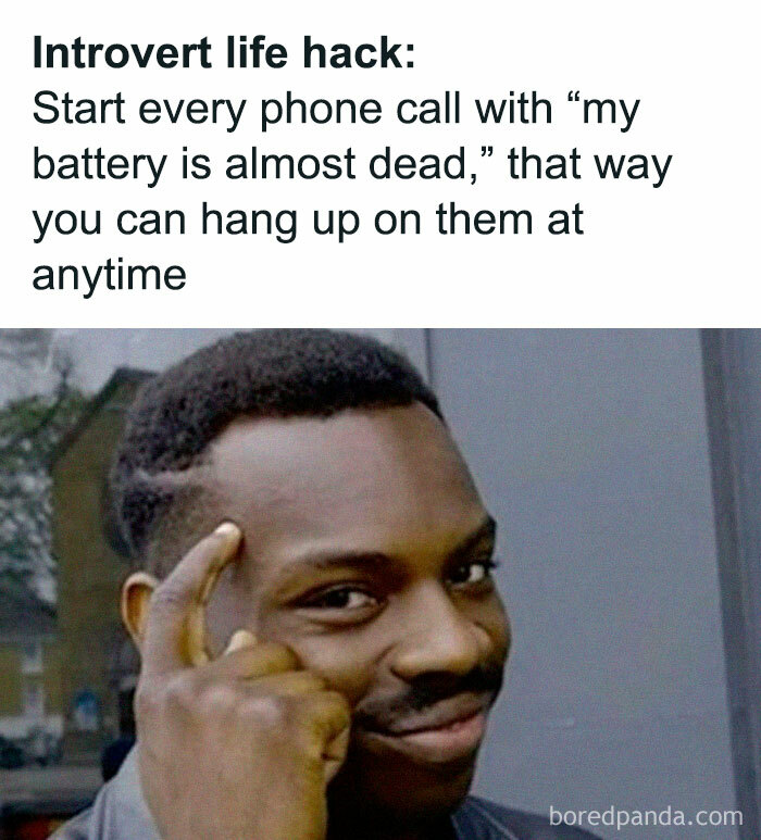 Man pointing to his head with text about a phone call introvert hack for social exhaustion.