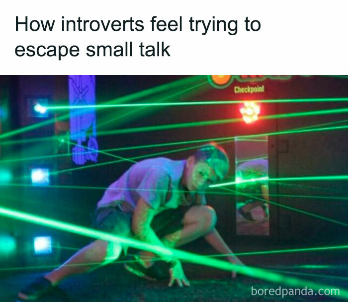 Person dodging lasers, humorously illustrating introverts' struggle to escape small talk.