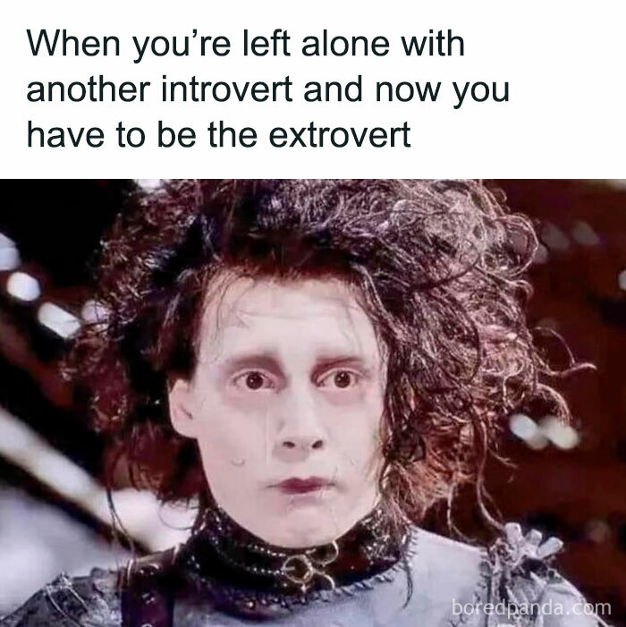 Introvert meme: shocked character expression when needing to be extroverted due to being left alone with another introvert.