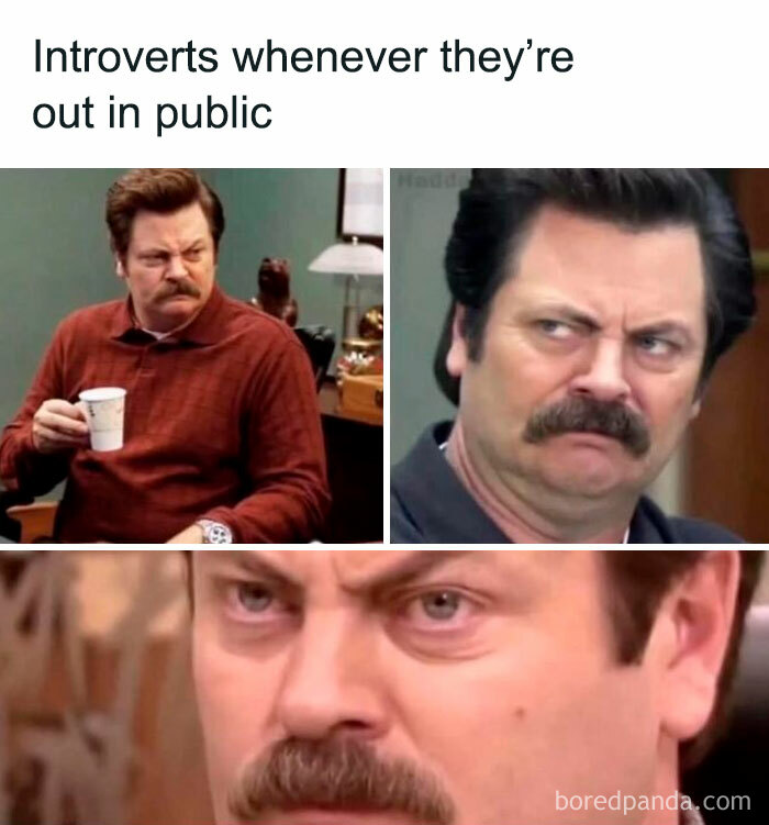 Man with mustache looking annoyed, highlighting introverts' struggles in public situations. Three different expressions.