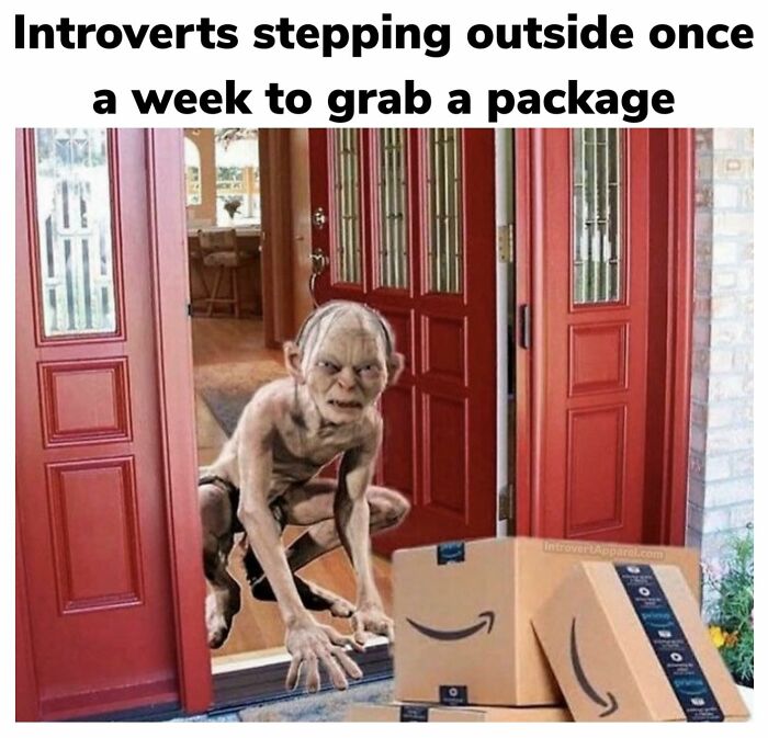 Introverts cautiously exiting home to retrieve packages, humorously highlighting the struggle of social interactions.