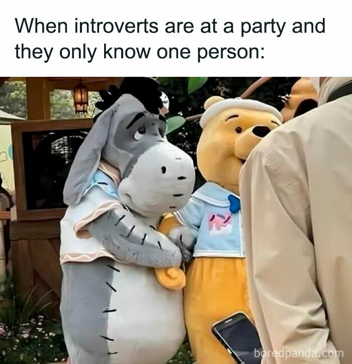 Eeyore and Pooh in costumes at a party, awkwardly standing close for social support, capturing introvert struggles.