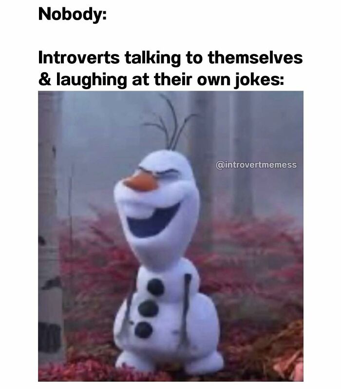 Snowman laughing under text about introverts finding humor in solitude.