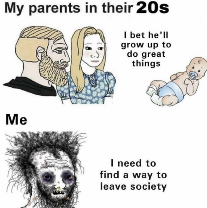 Parents in their 20s with baby expectations, contrast with introvert's struggle to escape society.