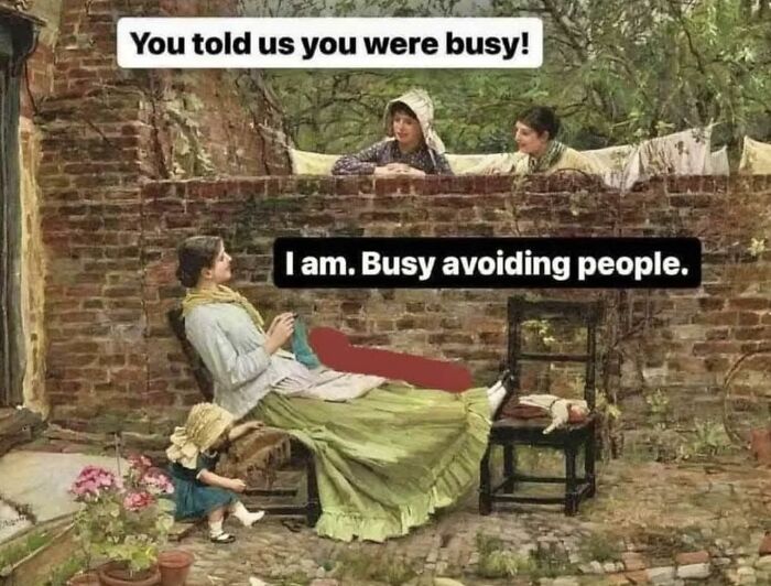 Introvert meme: A woman relaxing in a garden with others leaning over a wall. Text about avoiding people humorously.