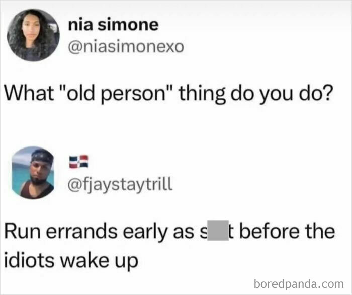 Two tweets about running errands early, capturing introvert humor and socially exhausted moments.