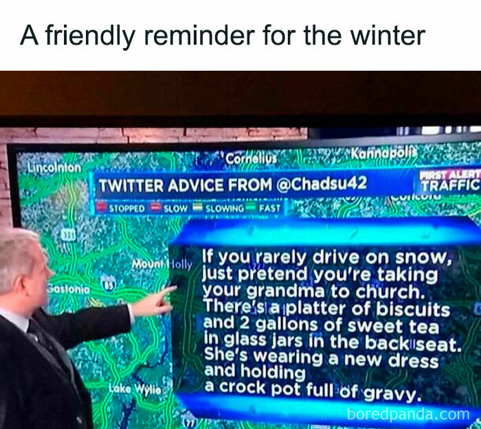 Weather presenter shows a relatable meme about winter driving on TV, offering humorous Twitter advice.