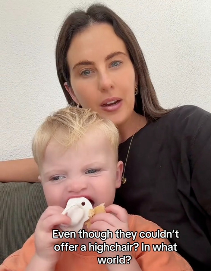 Mother and toddler at home, discussing restaurant incident and highchair issue.