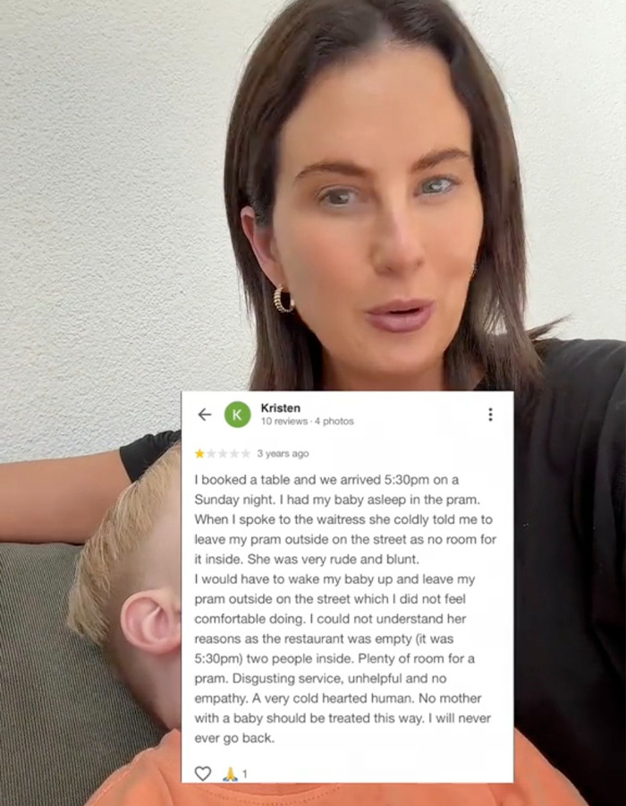 Mom shares review about restaurant toddler incident, including rude service and issues with pram.