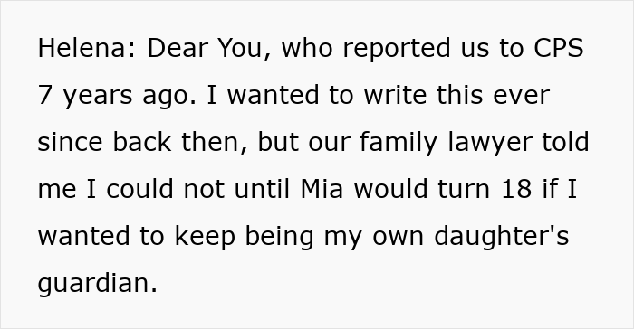 Text discussing daughter's eating disorder report to CPS, mentioning legal advice and guardianship concerns. Text discussing daughter's eating disorder report to CPS, mentioning legal advice and guardianship concerns.