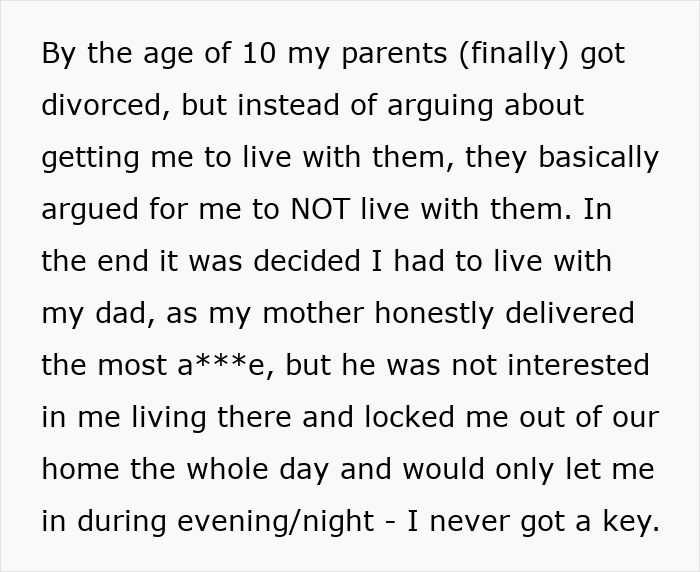 Text detailing a difficult childhood and custody situation after parental divorce. Text detailing a difficult childhood and custody situation after parental divorce.
