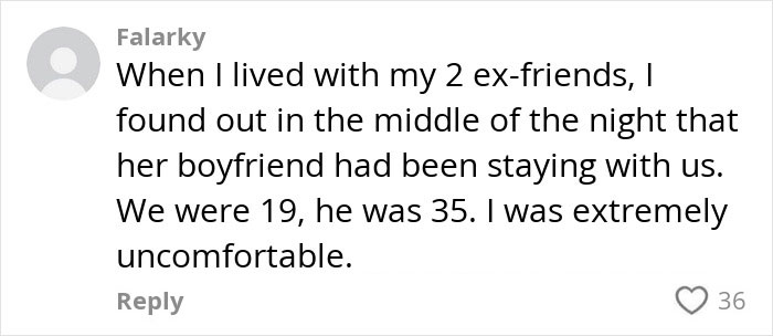 Comment from a woman about discomfort with a roommate's older boyfriend.