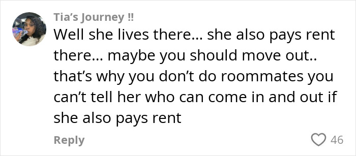 Comment on roommate's boyfriend advice in an online discussion about living arrangements.