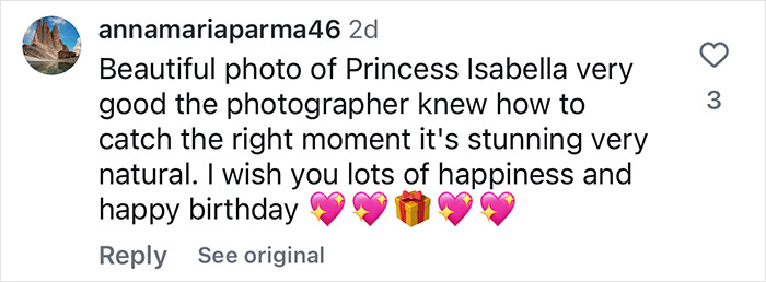 Comment praising a royal princess's official portrait as beautiful and natural, mentioning happiness and birthday wishes.