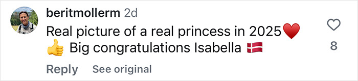 Instagram comment about a royal princess with emojis of a heart, thumbs up, and flag celebrating her portrait.