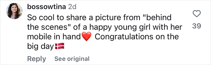 Comment mentioning a young girl with a mobile phone, expressing congratulations with a heart emoji and Danish flag.