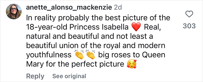 A comment praising a royal princess's photo for its natural and modern appeal, sparking a debate online.