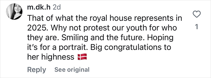 Comment discussing royal princess portrait and its modern depiction, highlighting youth and future with a Danish flag emoji.