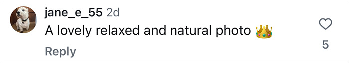 Comment by user praising a relaxed and natural photo with a crown emoji.
