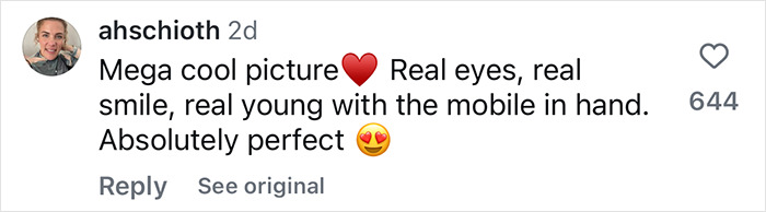 Comment praising a royal princess's portrait holding an iPhone, noting her natural look and charm.