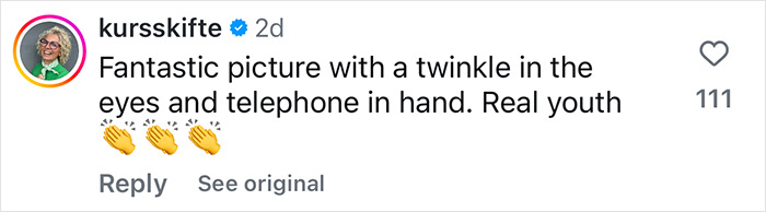 Instagram comment praising a royal princess's portrait holding an iPhone, highlighting youth and sparkle.