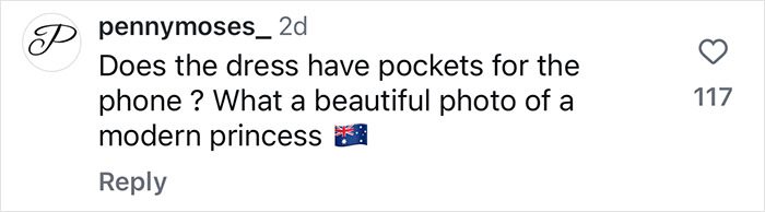 Comment praising a modern princess holding an iPhone, questioning if the dress has pockets for the phone.