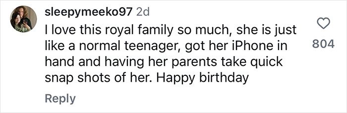 Comment praising royal princess with iPhone, expressing admiration for her relatable nature.