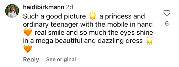 Instagram comment praising a princess for a portrait holding an iPhone, highlighting her smile and dazzling dress.