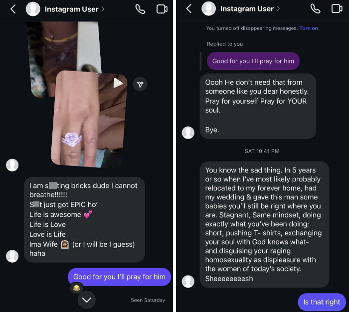 Instagram chat showing messages between exes, discussing relationship issues and future plans with emotional intensity.