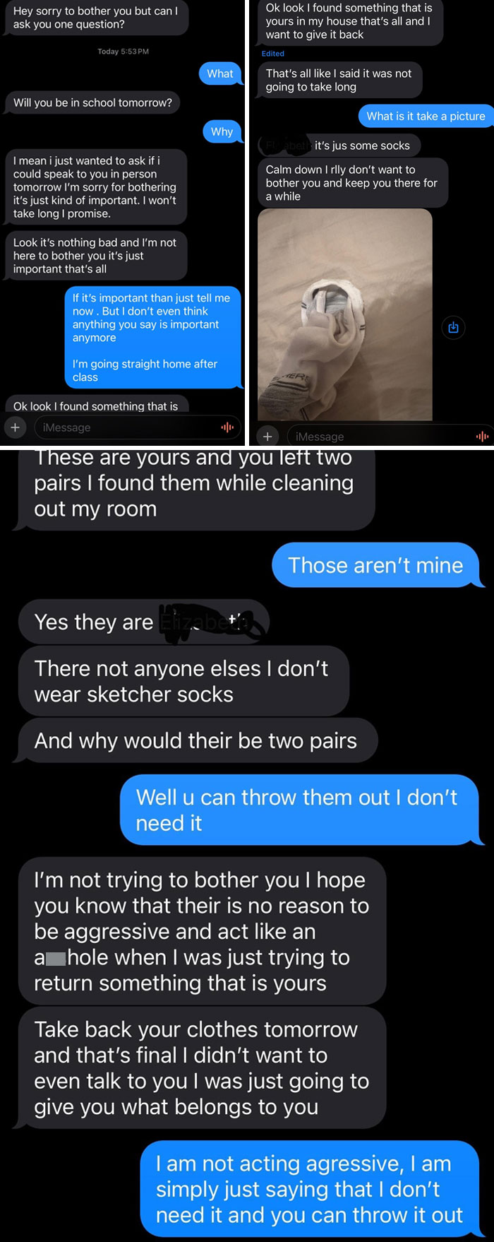 Text conversation showing awkward exchange between exes about returning socks.
