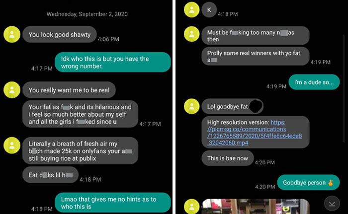 Text exchange depicting an awkward conversation with an ex, showcasing rude and dismissive messages.