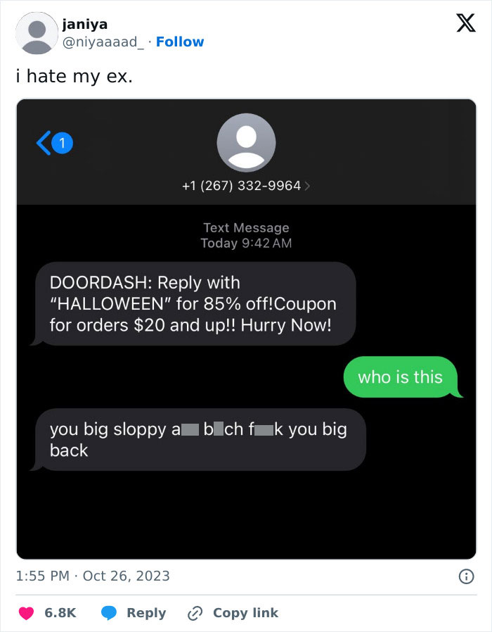 Text message exchange highlighting a negative interaction, illustrating why people avoid talking to exes.