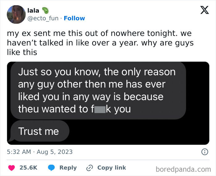 Text conversation from an ex after over a year of no contact, expressing jealousy and mistrust.
