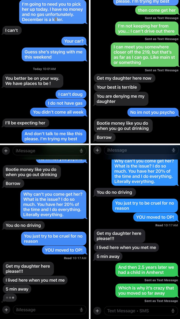 Text messages depicting a difficult conversation between exes about picking up their daughter, highlighting tensions and disagreements.