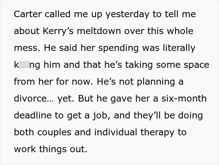 Text message about a couple's financial and therapy issues.