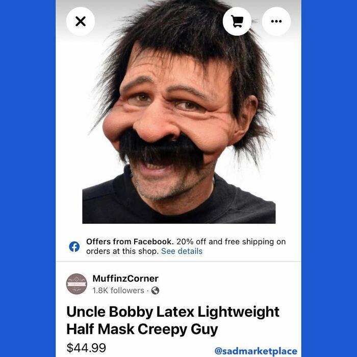 Bizarre latex mask of a man with exaggerated features listed on Facebook Marketplace.