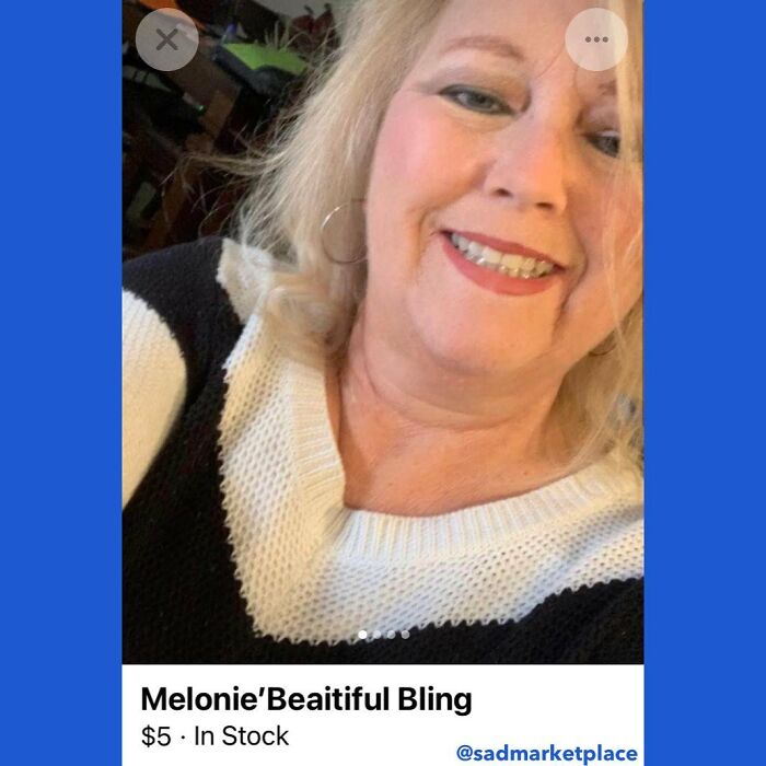 Smiling woman on Facebook Marketplace listing titled 'Melonie'Beautiful Bling' priced at $5.