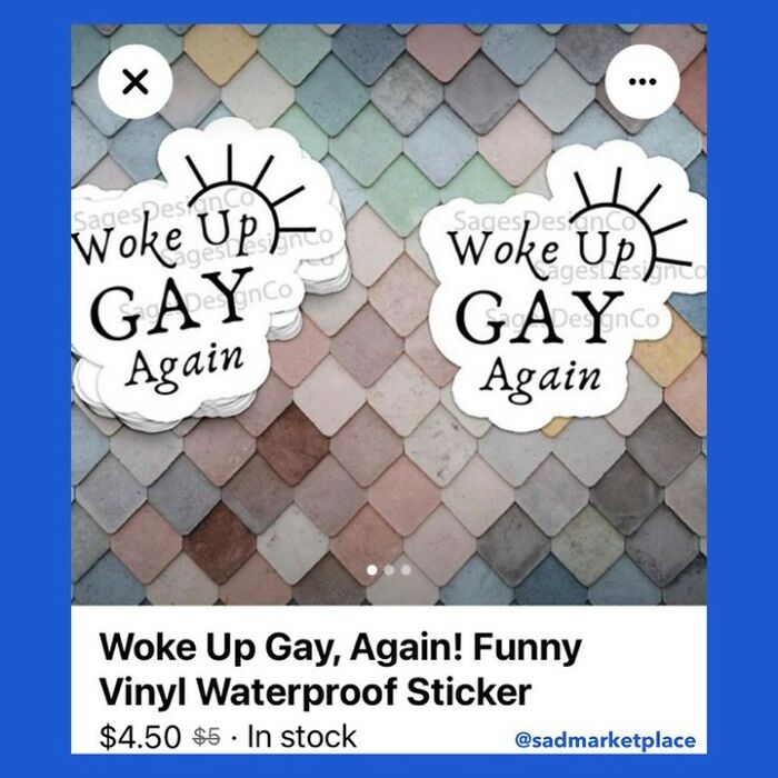 Random Facebook Marketplace listing featuring "Woke Up Gay, Again" funny vinyl stickers against a colorful tile background.