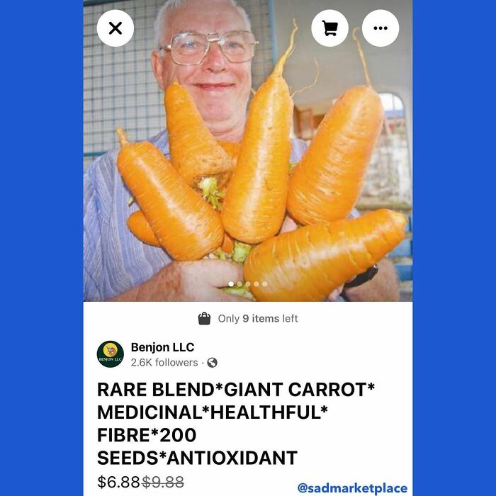 Man holding giant carrots in a quirky Facebook Marketplace listing.
