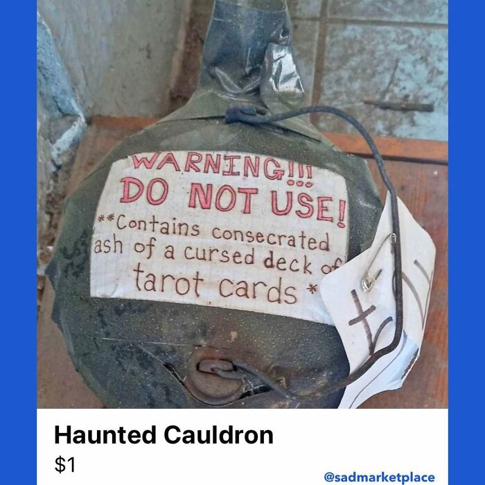 Haunted cauldron listed on Facebook Marketplace with warning label stating "Do Not Use" due to cursed tarot ashes.