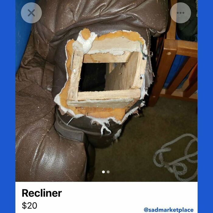 Damaged recliner listed on Facebook Marketplace for $20.