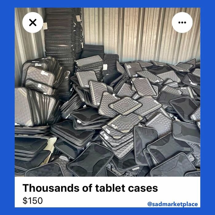 Thousands of tablet cases for sale, stacked in a storage unit on Facebook Marketplace.