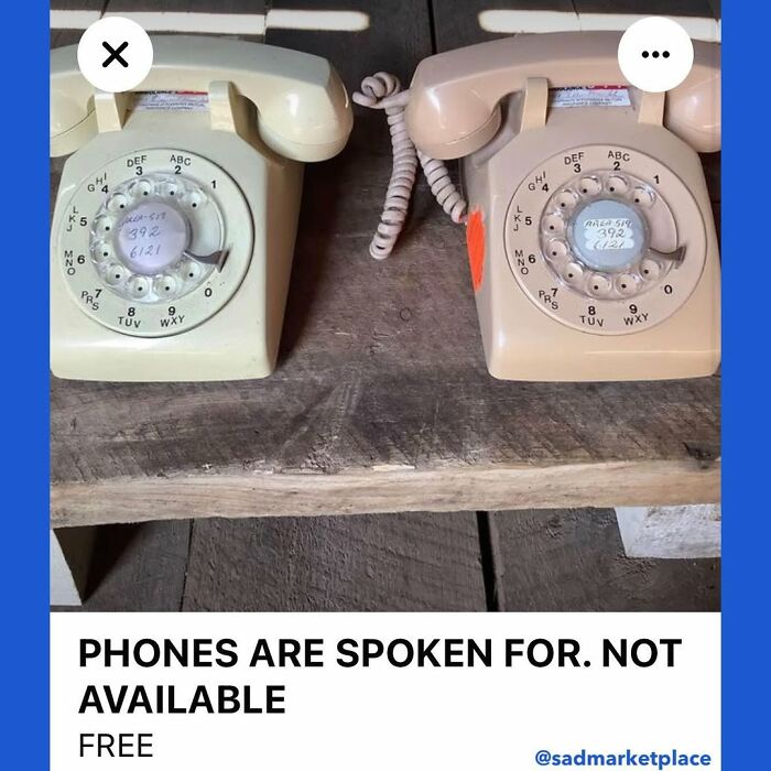 Two vintage rotary phones on display, labeled as unavailable on Facebook Marketplace.